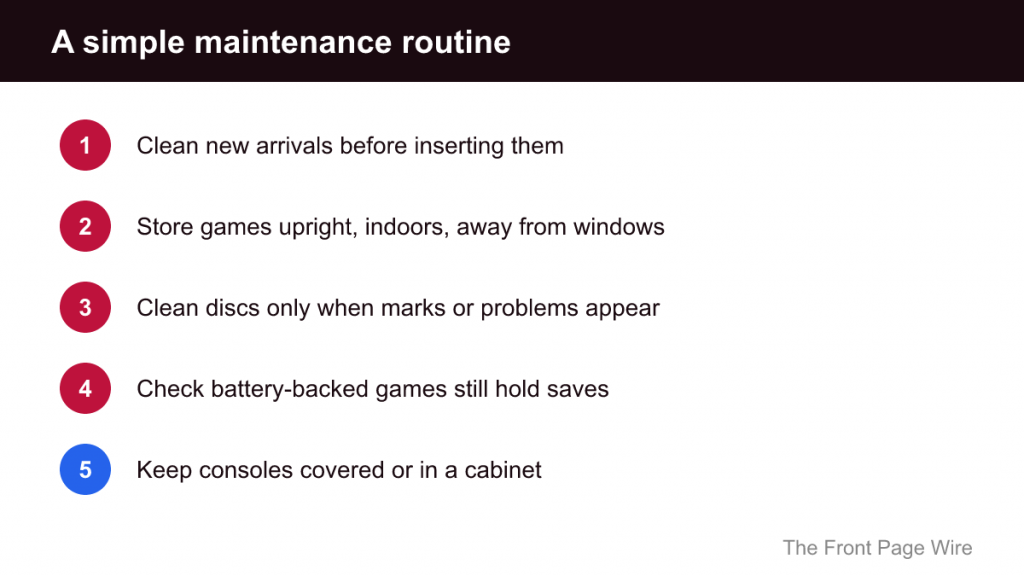 Five-step routine: clean arrivals, store upright, clean discs as needed, check saves, cover consoles