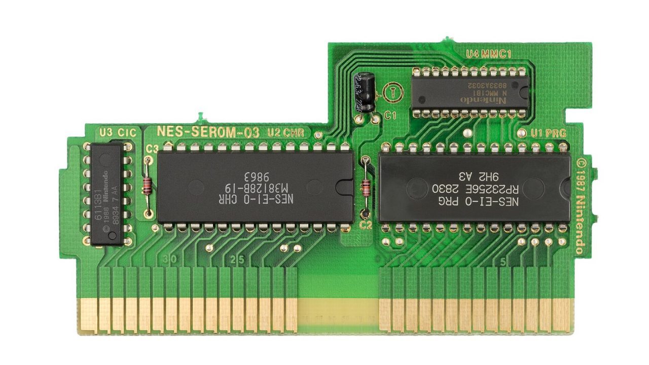 Green circuit board from an NES Tetris cartridge with ROM, MMC1 and lockout chips