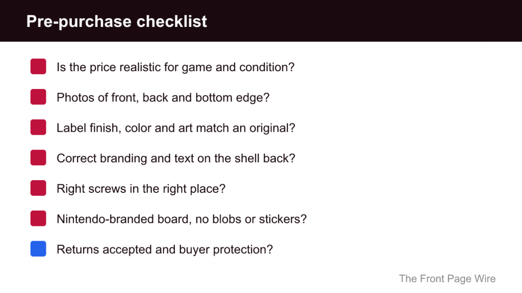 Checklist of seven questions on price, photos, label, shell, screws, board and returns
