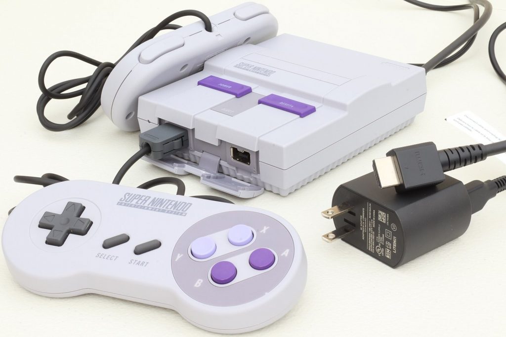 Super NES Classic Edition with two controllers, HDMI cable and power adapter