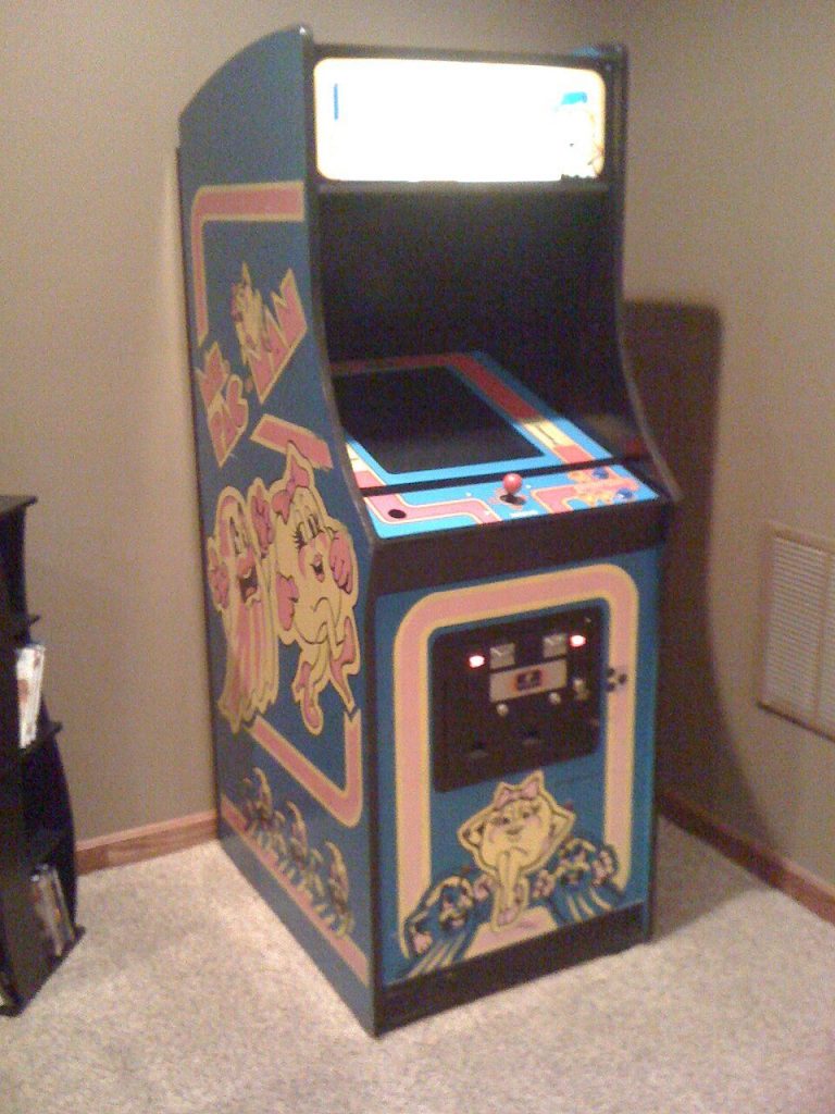 Ms. Pac-Man upright arcade cabinet in a home