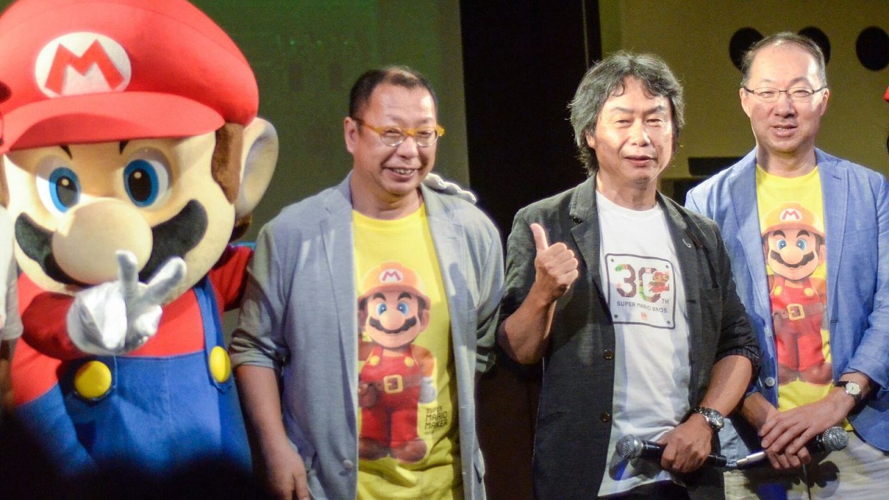 Takashi Tezuka, Shigeru Miyamoto and Koji Kondo on stage together